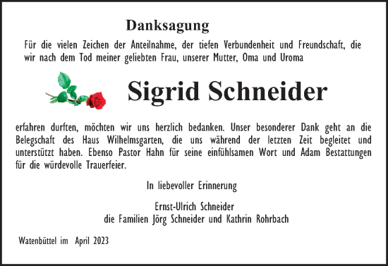 Traueranzeige von Sigrid Schneider von Braunschweiger Zeitung