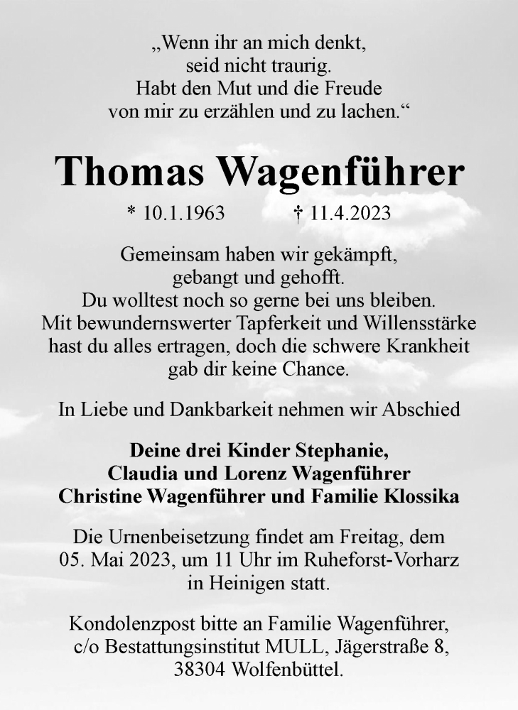  Traueranzeige für Thomas Wagenführer vom 22.04.2023 aus Wolfenbütteler Zeitung