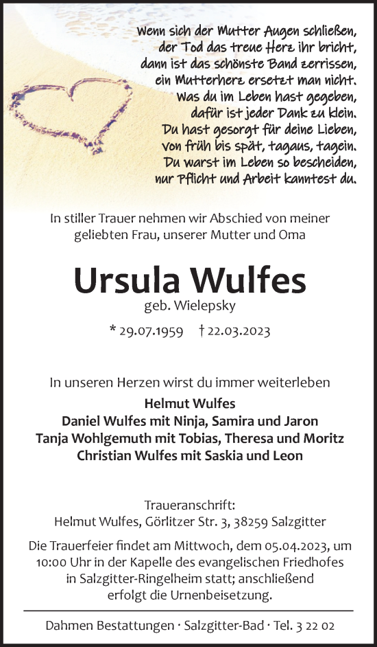 Traueranzeige von Ursula Wulfes von Salzgitter-Zeitung