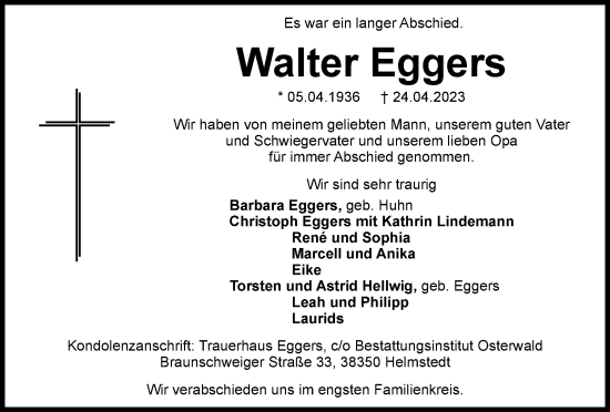 Traueranzeige von Walter Eggers von Helmstedter Nachrichten