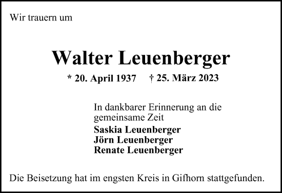 Traueranzeige von Walter Leuenberger von Wolfsburger Nachrichten