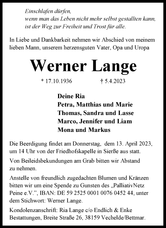 Traueranzeige von Werner Lange von Peiner Nachrichten