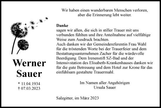 Traueranzeige von Werner Sauer von Salzgitter-Zeitung