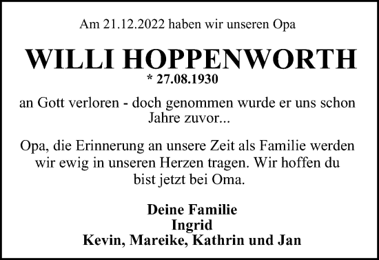 Traueranzeige von Willi Hoppenworth von Peiner Nachrichten