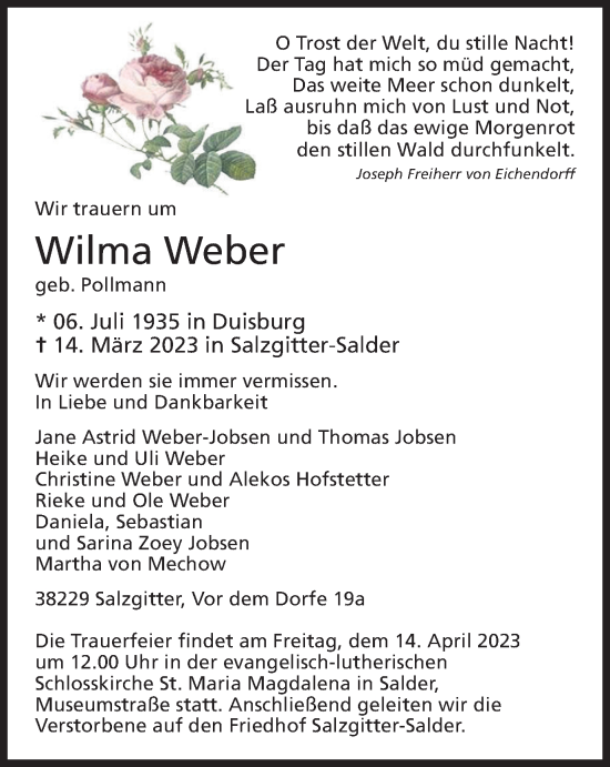 Traueranzeige von Wilma Weber von Salzgitter-Zeitung