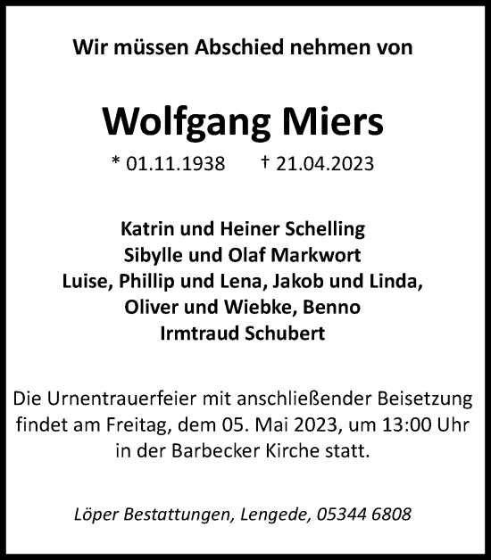 Traueranzeige von Wolfgang Miers von Peiner Nachrichten