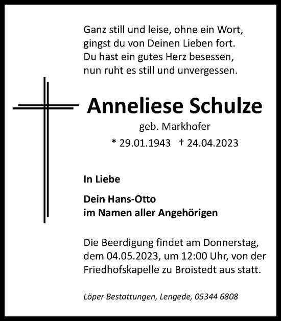 Traueranzeige von Anneliese Schulze von Peiner Nachrichten