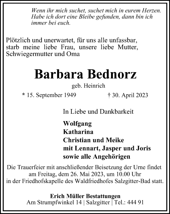 Traueranzeige von Barbara Bednorz von Salzgitter-Zeitung