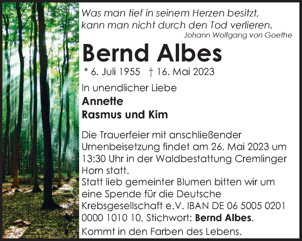  Traueranzeige für Bernd Albes vom 24.05.2023 aus Braunschweiger Zeitung