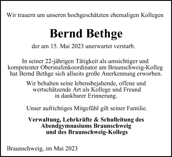 Traueranzeige von Bernd Bethge von Braunschweiger Zeitung