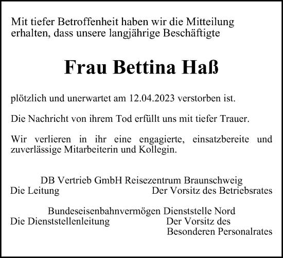 Traueranzeige von Bettina Haß von Salzgitter-Zeitung