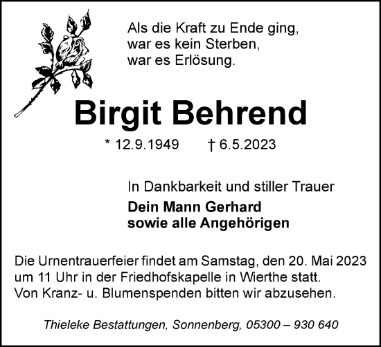 Traueranzeige von Birgit Behrend von Peiner Nachrichten