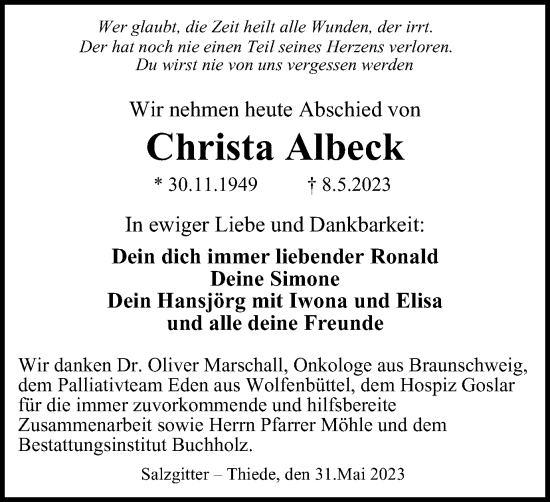 Traueranzeige von Christa Albeck von Salzgitter-Zeitung