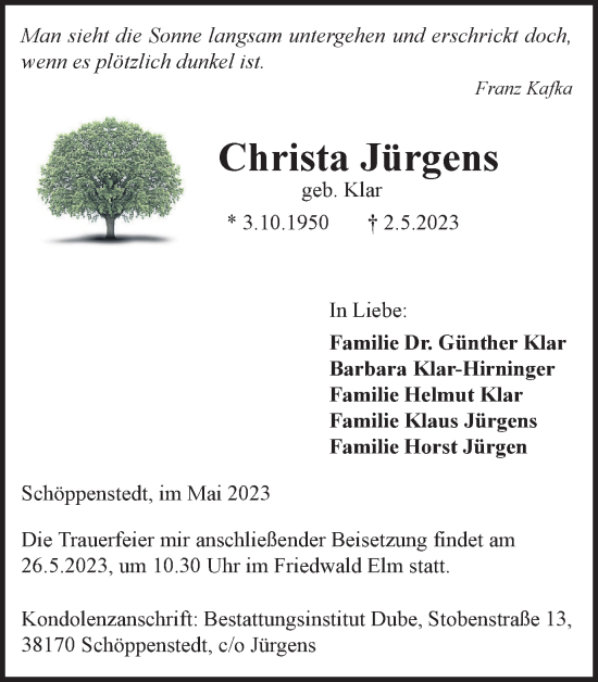 Traueranzeige von Christa Jürgens von Braunschweiger Zeitung