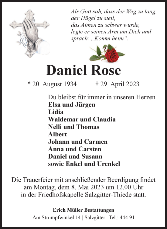 Traueranzeige von Daniel Rose von Salzgitter-Zeitung