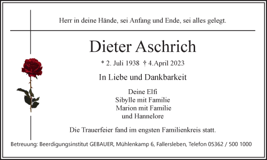 Traueranzeige von Dieter Aschrich von Braunschweiger Zeitung, Wolfsburger Nachrichten