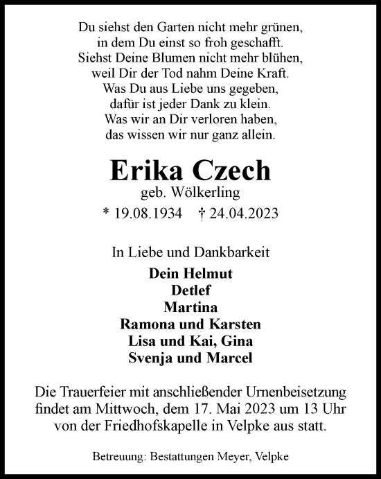 Traueranzeige von Erika Czech von Helmstedter Nachrichten