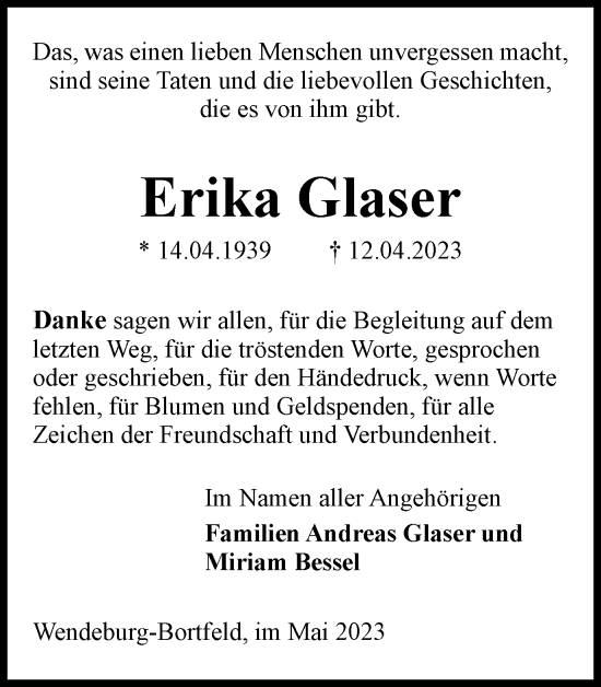 Traueranzeige von Erika Glaser von Peiner Nachrichten