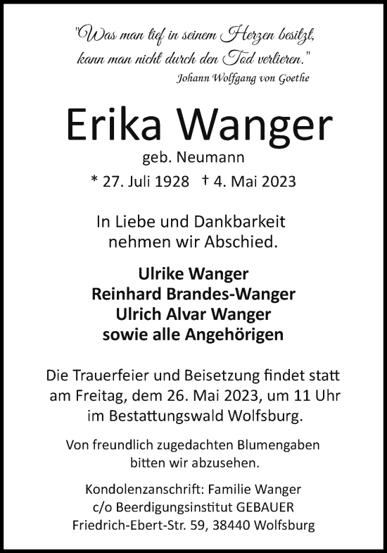 Traueranzeige von Erika Wanger von Wolfsburger Nachrichten