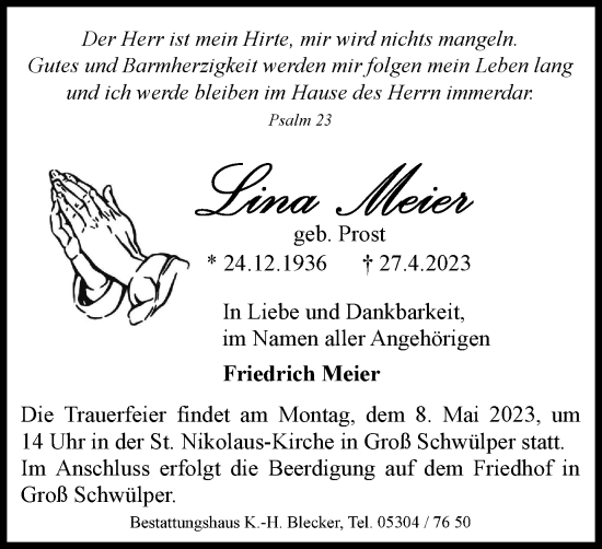 Traueranzeige von Lina Meier von Braunschweiger Zeitung