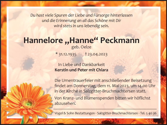 Traueranzeige von Hannelore Peckmann von Salzgitter-Zeitung