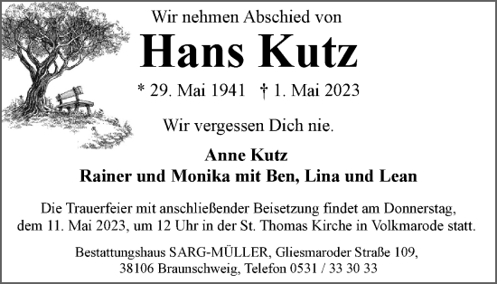 Traueranzeige von Hans Kutz von Braunschweiger Zeitung