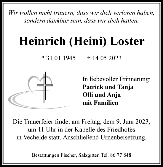 Traueranzeige von Heinrich Loster von Peiner Nachrichten