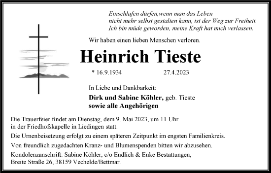 Traueranzeige von Heinrich Tieste von Peiner Nachrichten