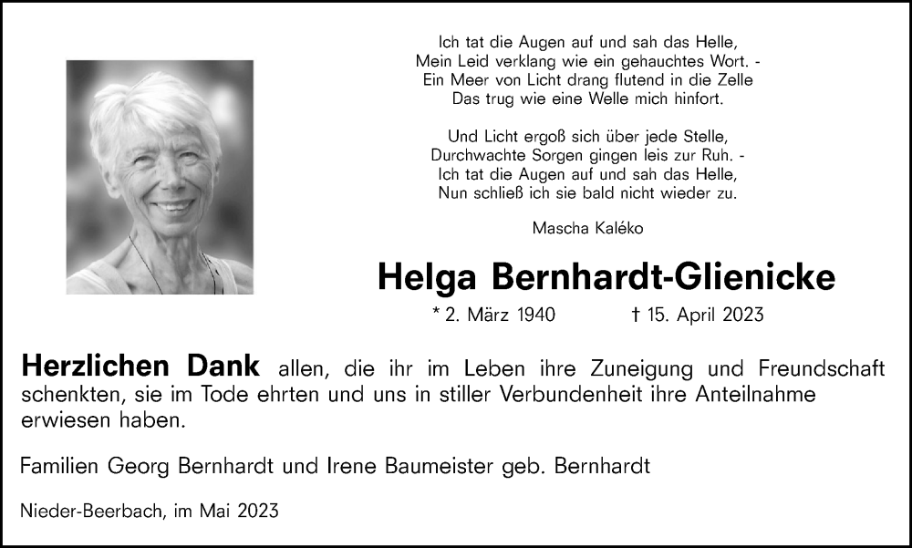 Traueranzeigen von Helga Bernhardt-Glienicke | trauer38.de