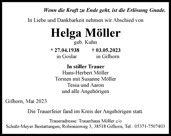 Traueranzeige von Helga Möller von Wolfsburger Nachrichten