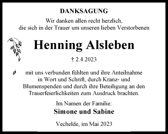 Traueranzeige von Henning Alsleben von Braunschweiger Zeitung