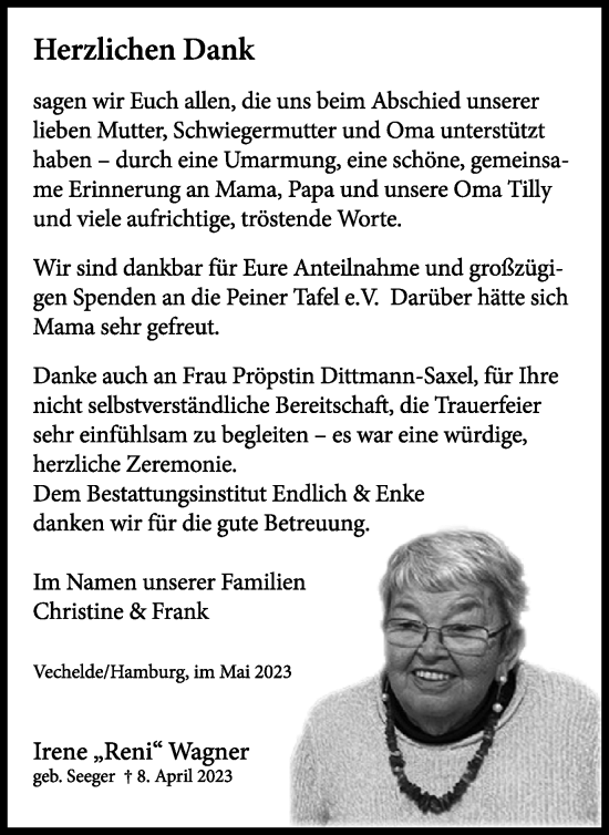 Traueranzeige von Irene Wagner von Peiner Nachrichten