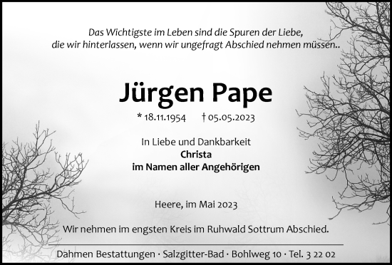 Traueranzeige von Jürgen Pape von Salzgitter-Zeitung