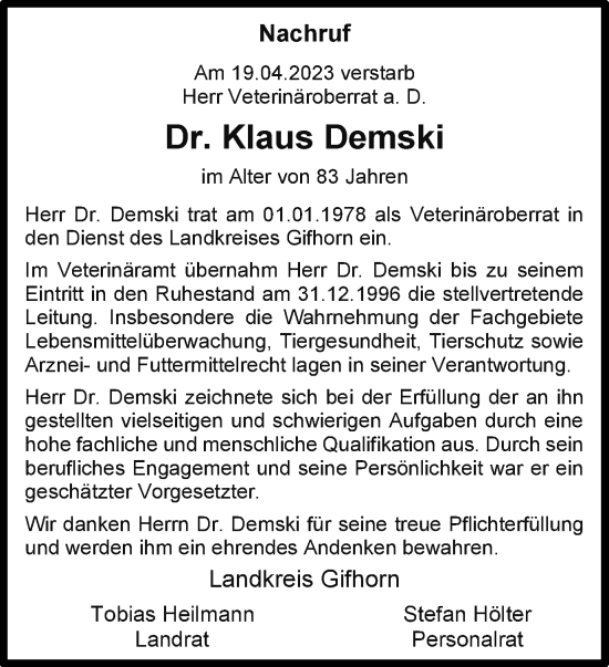 Traueranzeige von Klaus Demski von Wolfsburger Nachrichten