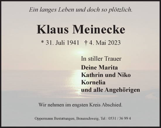 Traueranzeige von Klaus Meinecke von Braunschweiger Zeitung