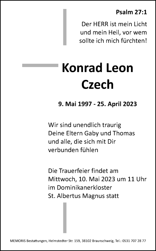  Traueranzeige für Konrad Leon Czech vom 05.05.2023 aus Braunschweiger Zeitung