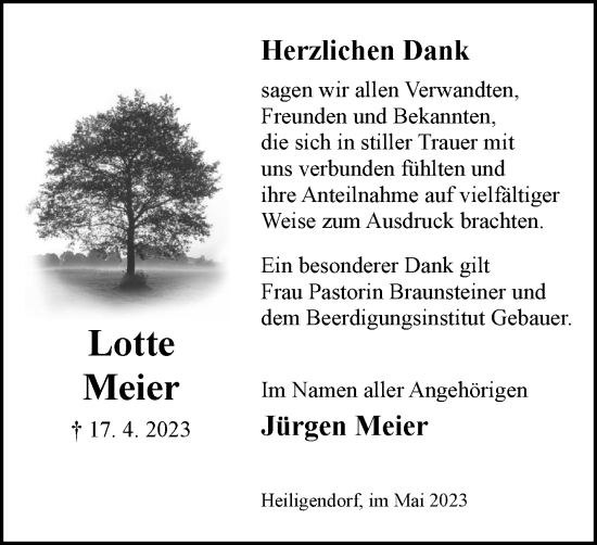 Traueranzeige von Lotte Meier von Wolfsburger Nachrichten