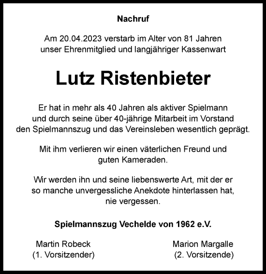 Traueranzeige von Lutz Ristenbieter von Peiner Nachrichten