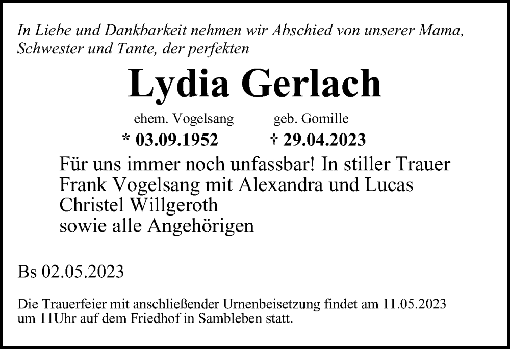  Traueranzeige für Lydia Gerlach vom 06.05.2023 aus Braunschweiger Zeitung