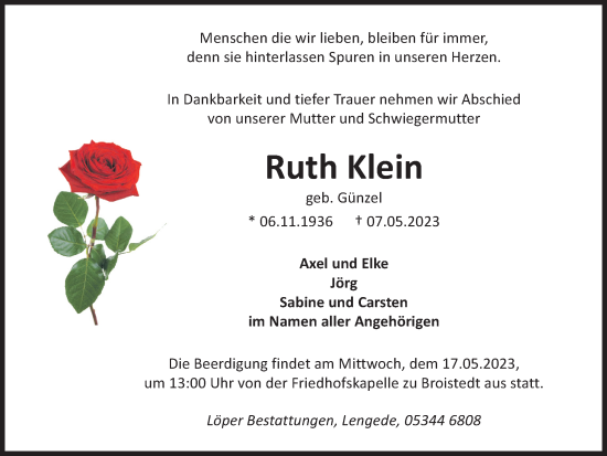 Traueranzeige von Ruth Klein von Salzgitter-Zeitung