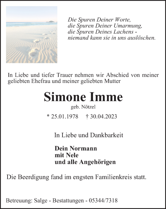 Traueranzeige von Simone Imme von Peiner Nachrichten