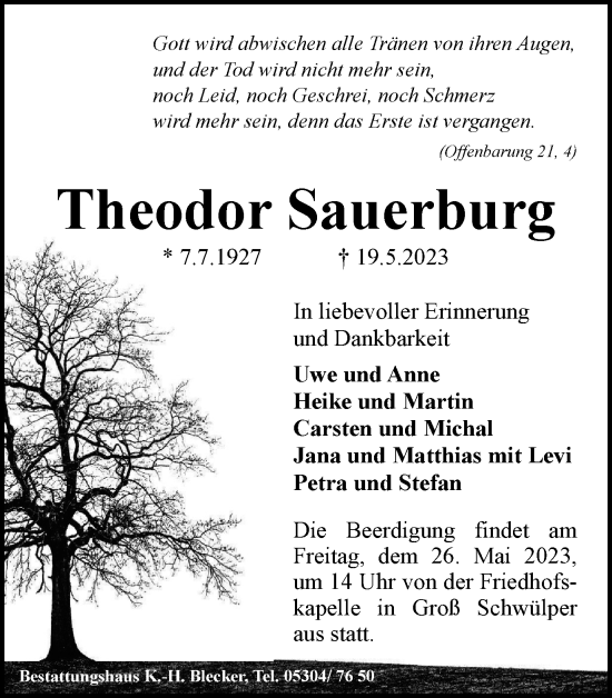 Traueranzeige von Theodor Sauerburg von Wolfsburger Nachrichten, Peiner Nachrichten