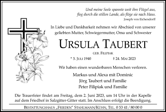 Traueranzeige von Ursula Taubert von Salzgitter-Zeitung