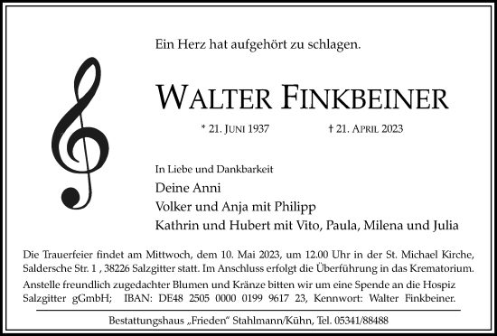 Traueranzeige von Walter Finkbeiner von Salzgitter-Zeitung