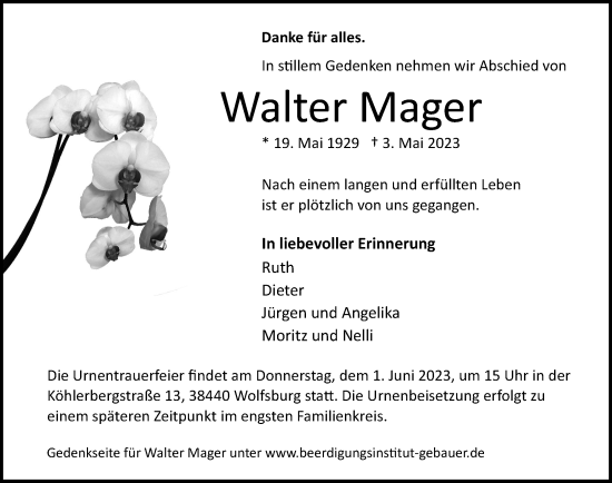 Traueranzeige von Walter Mager von Wolfsburger Nachrichten