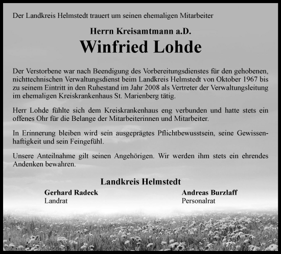 Traueranzeige von Winfried Lohde von Helmstedter Nachrichten