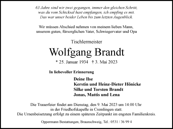 Traueranzeige von Wolfgang Brandt von Braunschweiger Zeitung