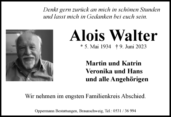 Traueranzeige von Alois Walter von Braunschweiger Zeitung