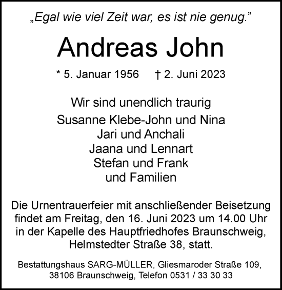 Traueranzeige von Andreas John von Braunschweiger Zeitung