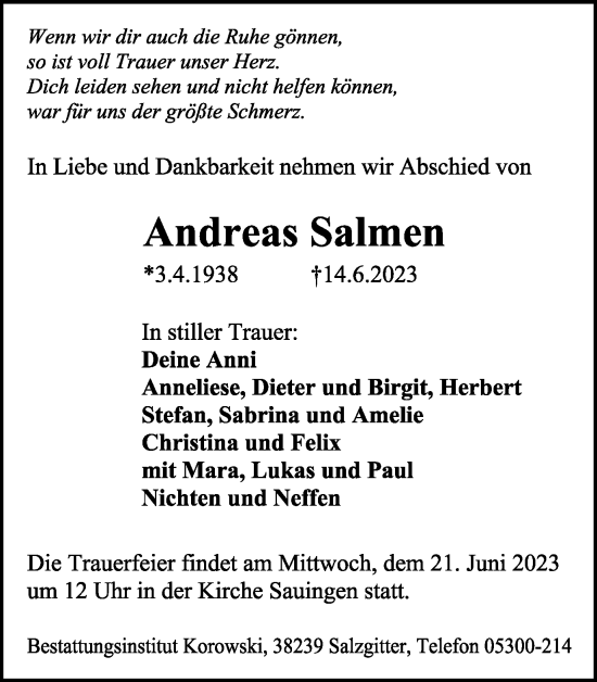 Traueranzeige von Andreas Salmen von Salzgitter-Zeitung